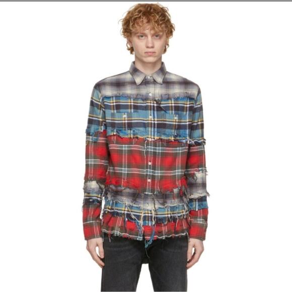 R13 Plaid Piece Long Sleeve Button Up Shirt Mens XS/ Womens M Patchwork - Picture 2 of 12